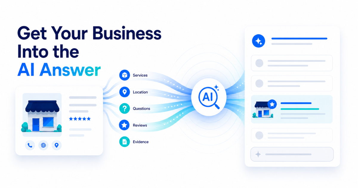 Business services, locations, questions, reviews and evidence feeding into an AI answer where the business is surfaced
